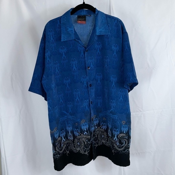 Vintage Korean Oriental Styled 2 Tone Dragon Flames Button Up Short Sleeve Top - Picture 11 of 11